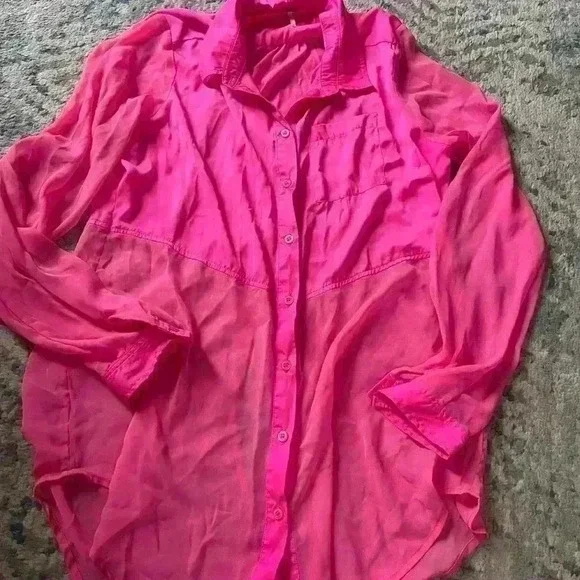 Free people neon pink half mesh button down medium - Picture 3 of 5
